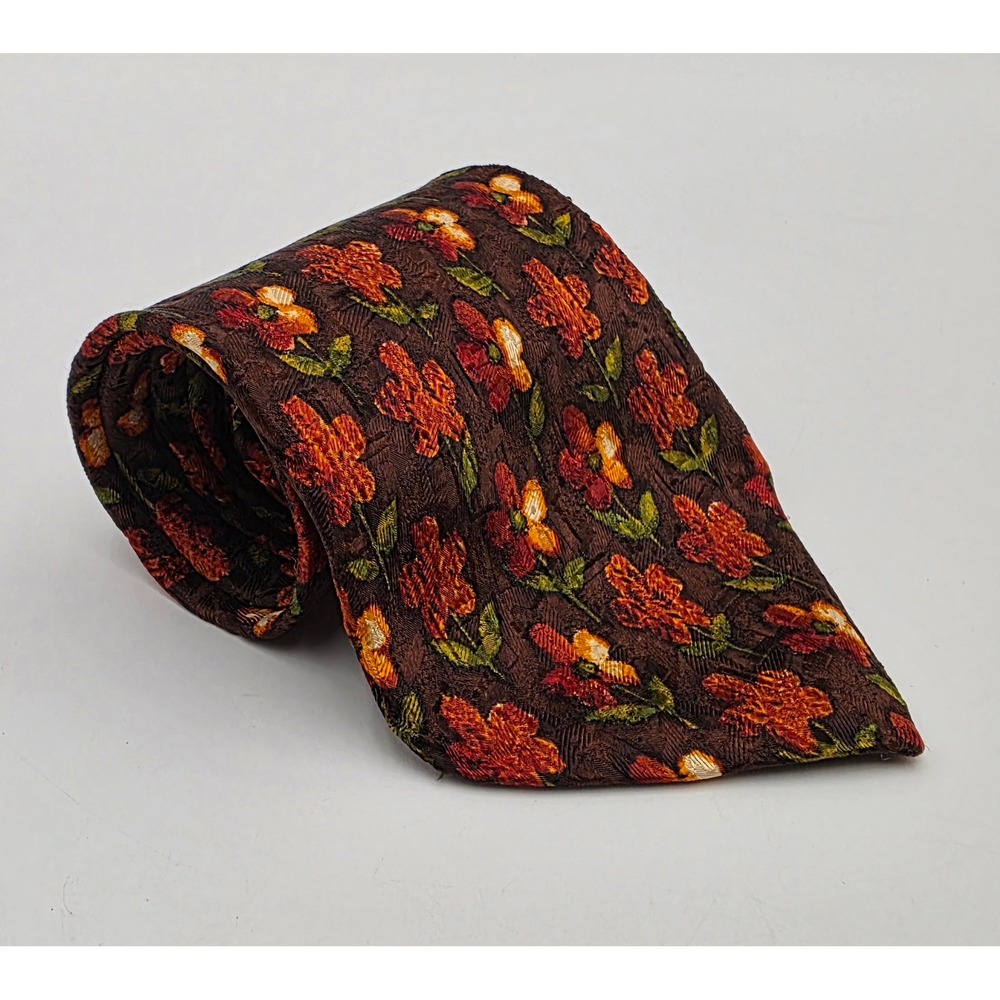 Ermenegildo Zegna Silk Tie Brown Orange Floral Woven Jacquard Made in Italy